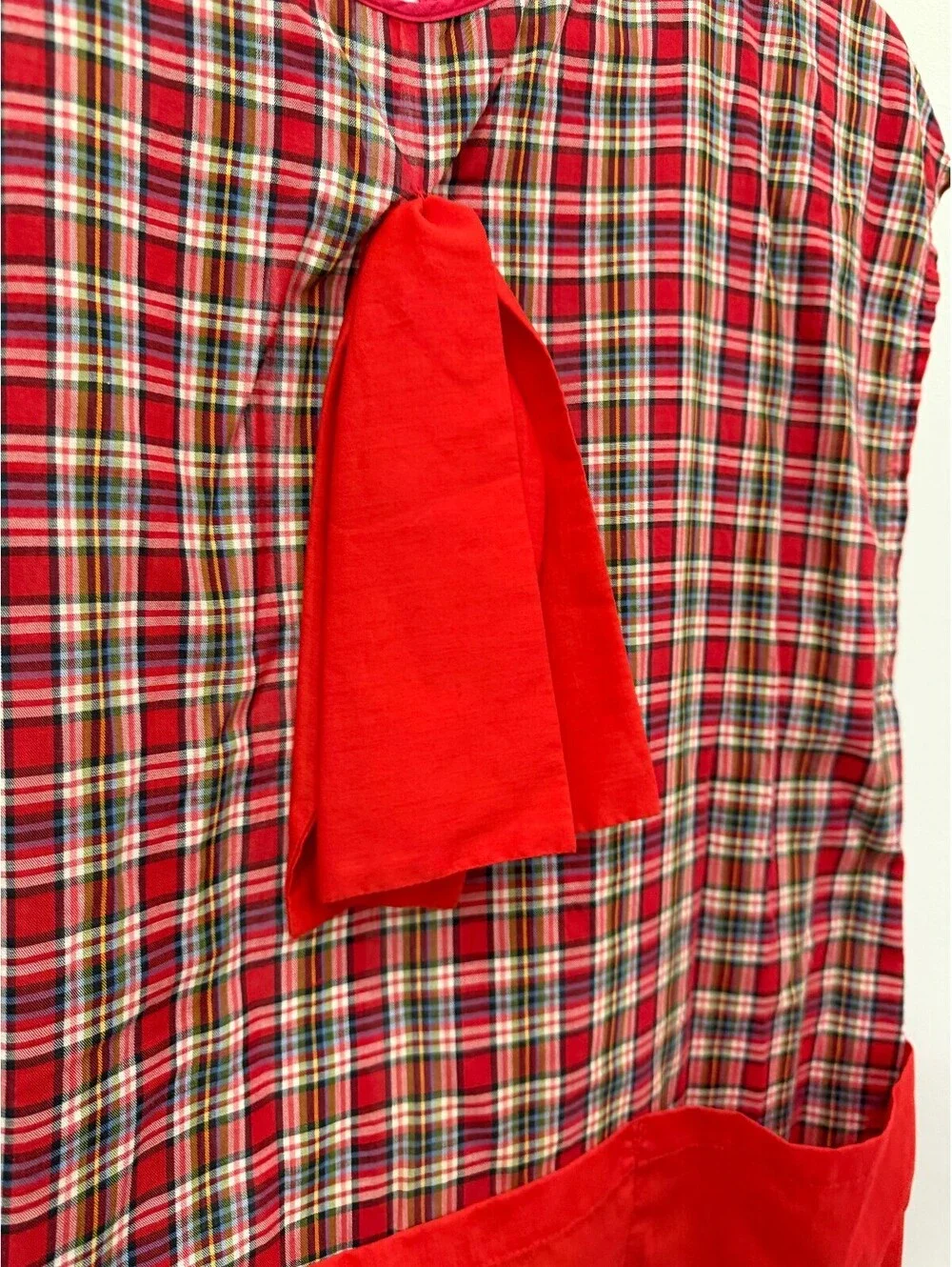Vintage Red Plaid Apron with Red Accent and Embroidered Fish Pocket
